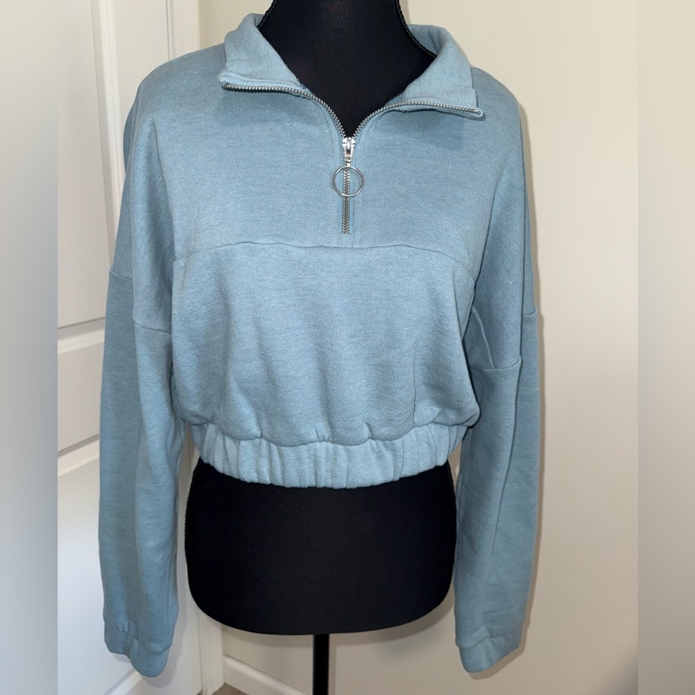 Light Blue Cropped Quarter-Zip Pullover